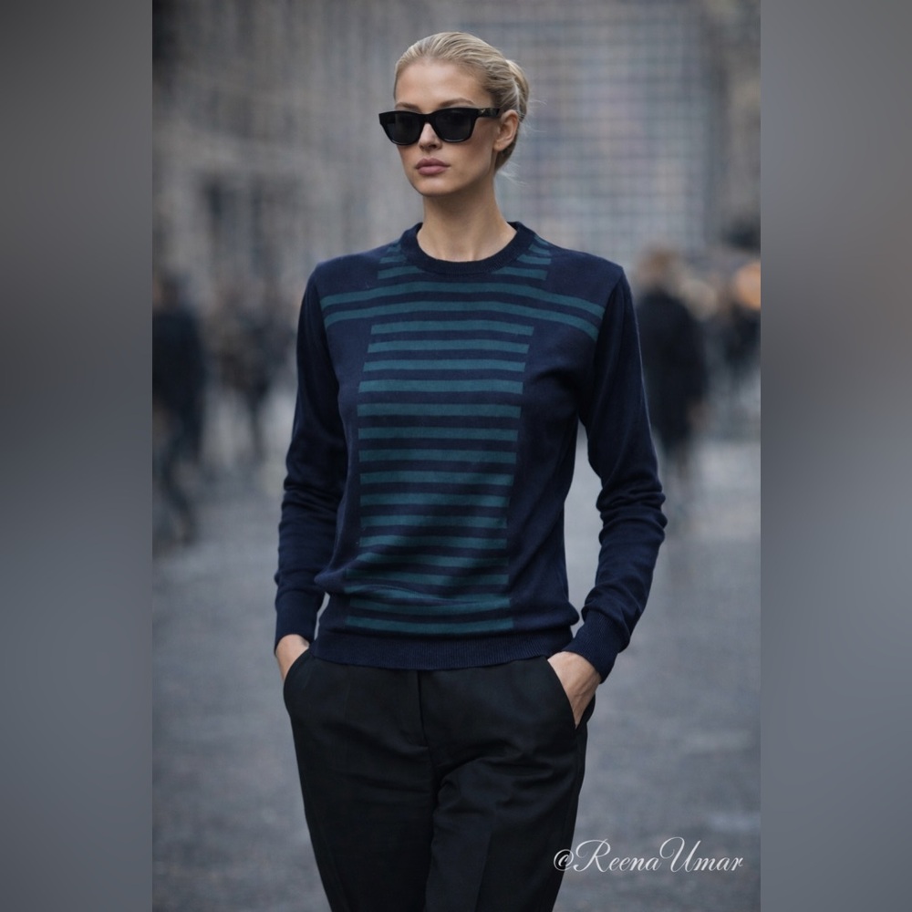 Valentino Navy Crewneck Sweater with Teal Stripes – No Size Tag (Fits XS–S)